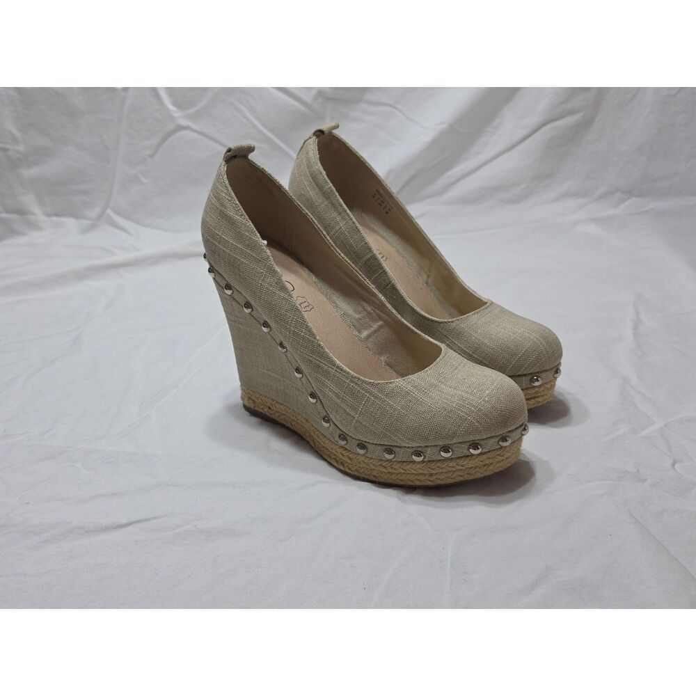 ALDO Beige Linen Studded Espadrille Wedge Pumps - Size 10